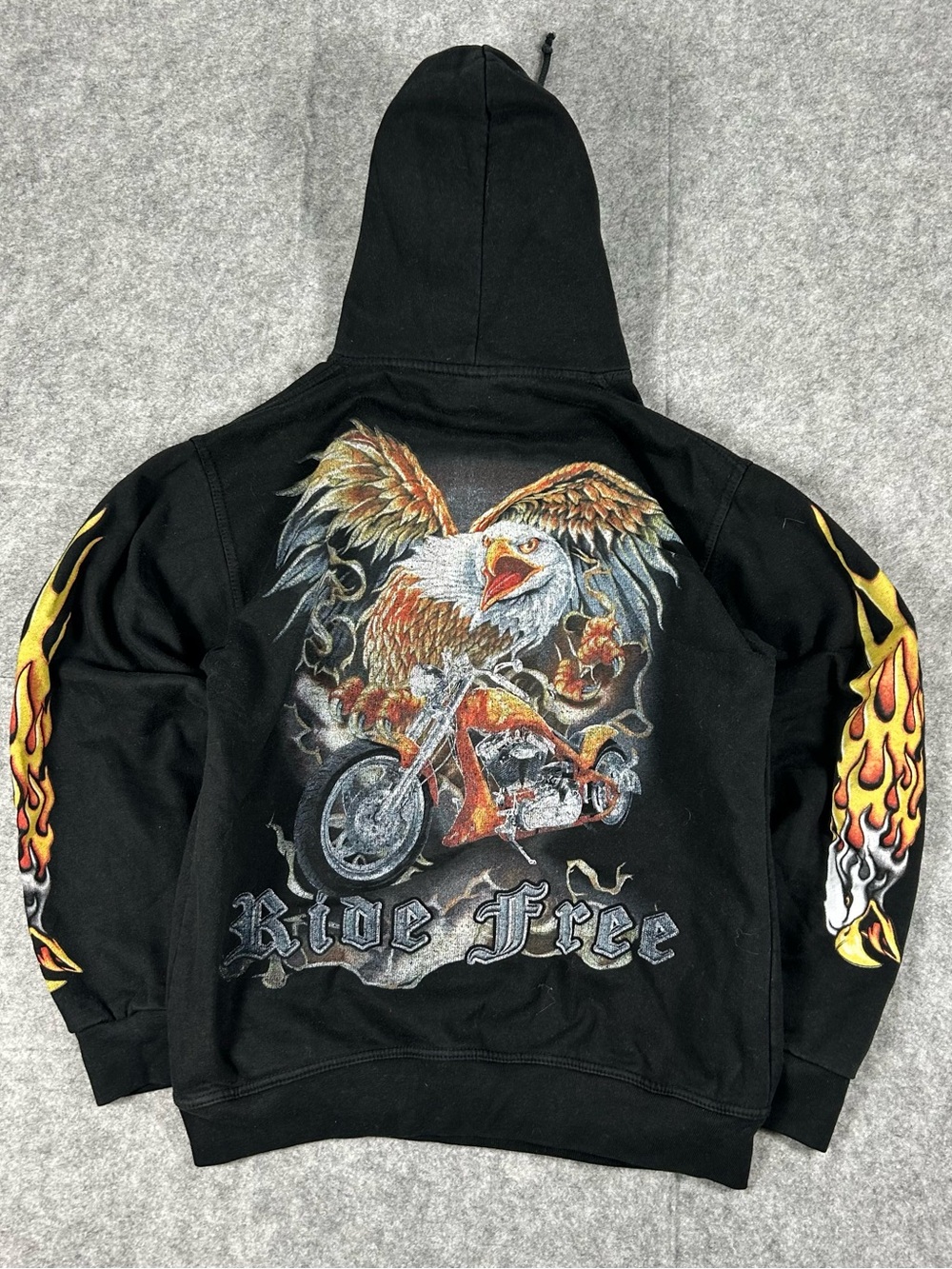 Vintage 90s Harley Bike Flame Eagle AOP Hoodie Flame Sleeve Y2K Size Large